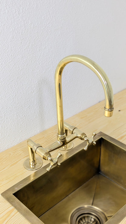 Unlacquered Brass Bridge Kitchen Faucet, Handmade Brass Sink Faucet, Antique Brass Kitchen Faucet