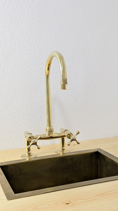 Unlacquered Brass Bridge Kitchen Faucet, Handmade Brass Sink Faucet, Antique Brass Kitchen Faucet