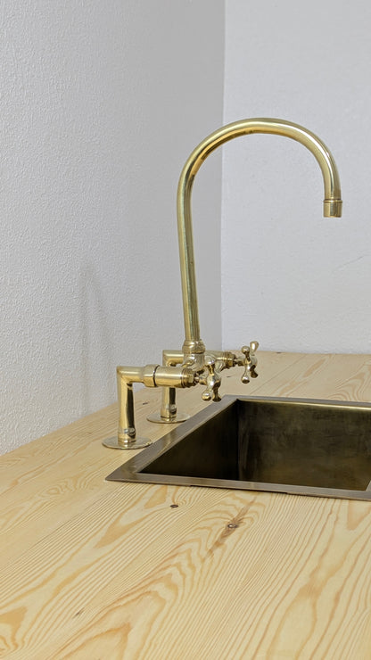 Unlacquered Brass Bridge Kitchen Faucet, Handmade Brass Sink Faucet, Antique Brass Kitchen Faucet