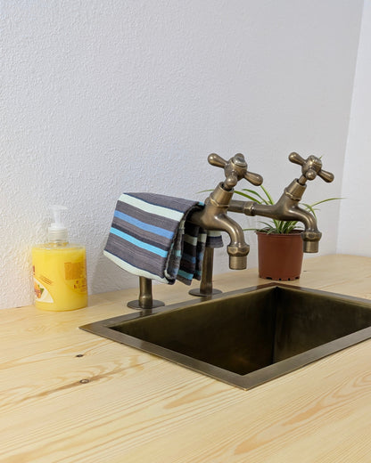 Vintage Brushed Brass Pillar Kitchen Faucet – Separate Handles For Hot & Cold Water.