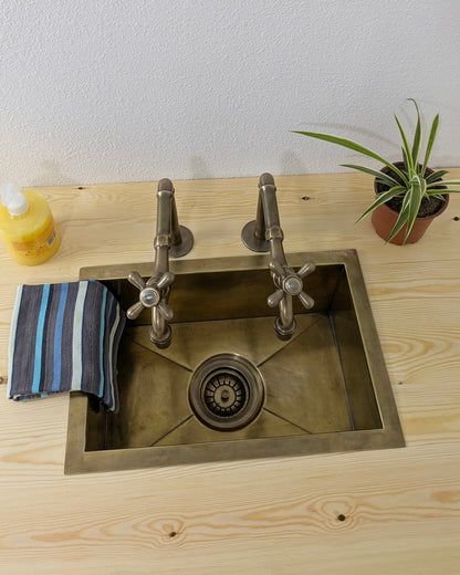 Vintage Brushed Brass Pillar Kitchen Faucet – Separate Handles For Hot & Cold Water.