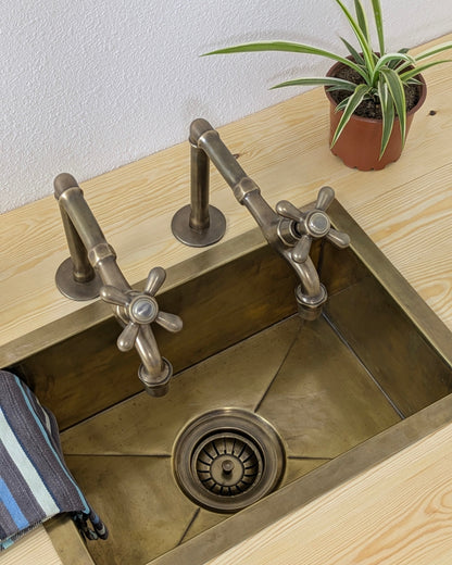 Vintage Brushed Brass Pillar Kitchen Faucet – Separate Handles For Hot & Cold Water.
