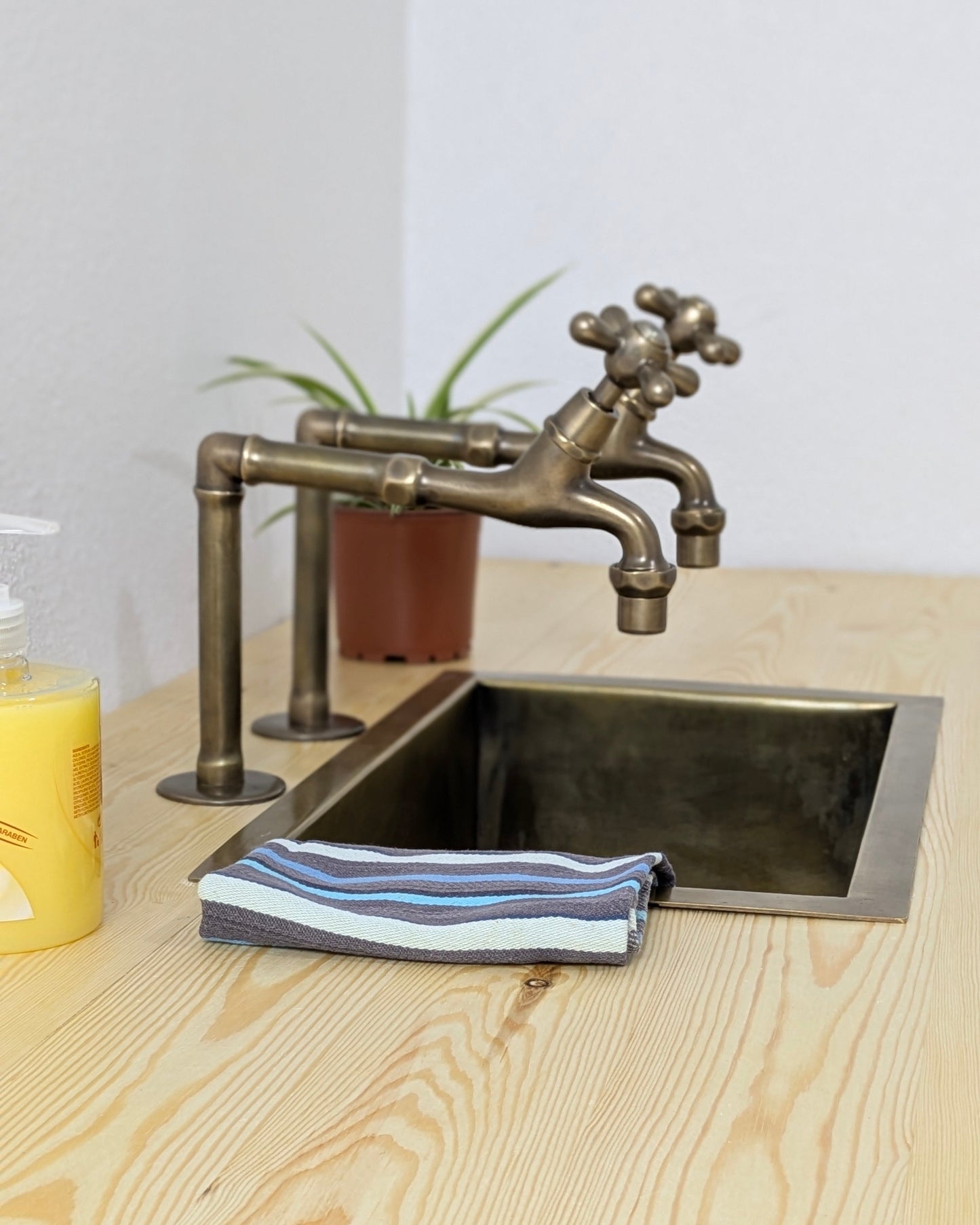 Vintage Brushed Brass Pillar Kitchen Faucet – Separate Handles For Hot & Cold Water.