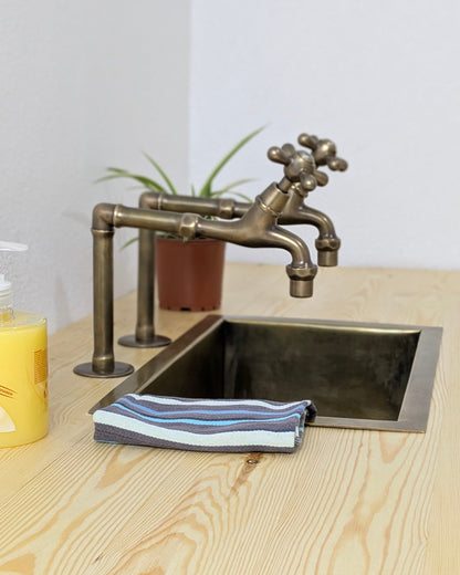 Vintage Brushed Brass Pillar Kitchen Faucet – Separate Handles For Hot & Cold Water.