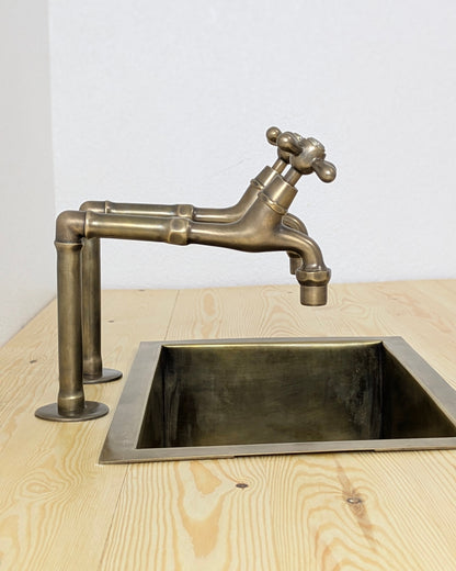 Vintage Brushed Brass Pillar Kitchen Faucet – Separate Handles For Hot & Cold Water.
