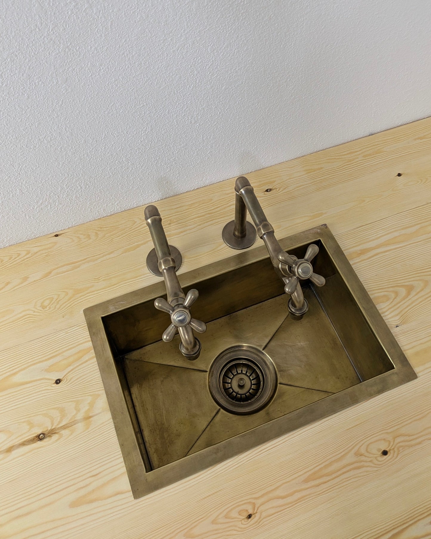 Vintage Brushed Brass Pillar Kitchen Faucet – Separate Handles For Hot & Cold Water.