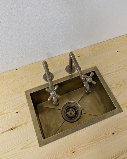 Vintage Brushed Brass Pillar Kitchen Faucet – Separate Handles For Hot & Cold Water.