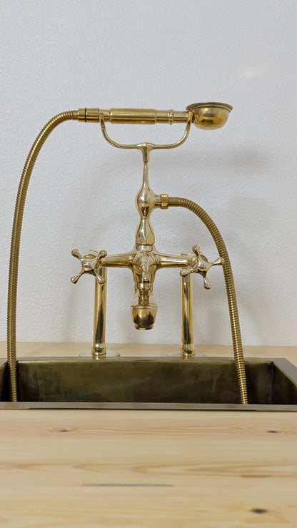 Unlacquered Brass Deck Mounted Bath Filler with Hand Shower