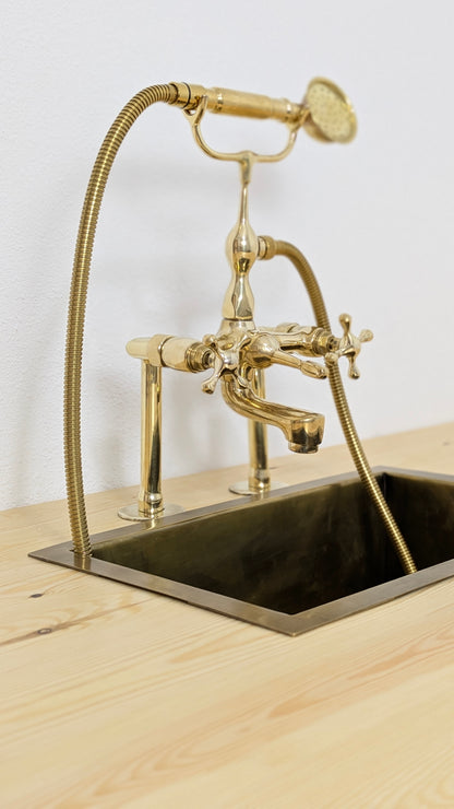 Unlacquered Brass Deck Mounted Bath Filler with Hand Shower