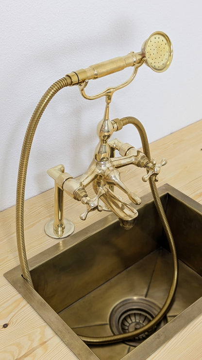 Unlacquered Brass Deck Mounted Bath Filler with Hand Shower