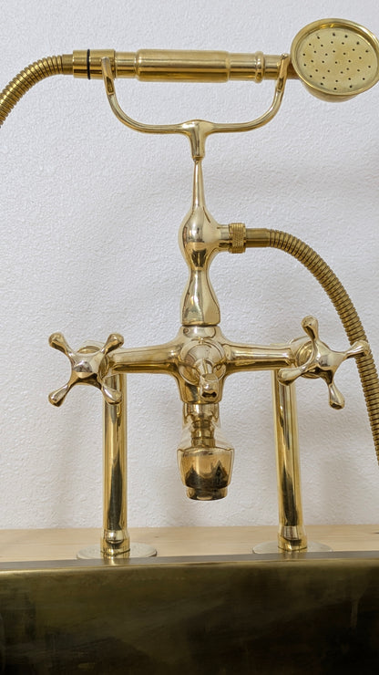 Unlacquered Brass Deck Mounted Bath Filler with Hand Shower