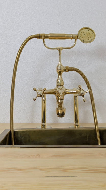 Unlacquered Brass Deck Mounted Bath Filler with Hand Shower