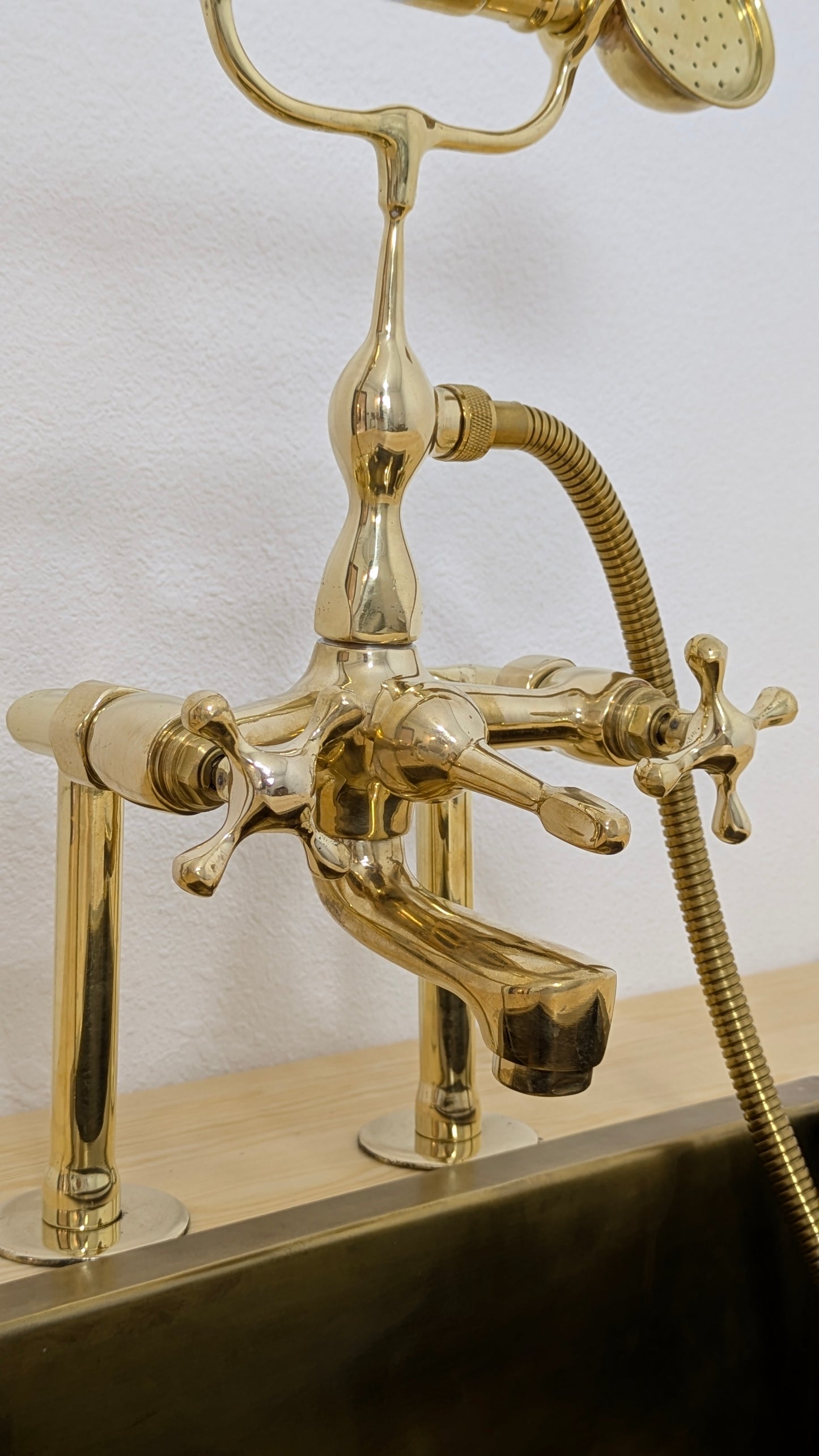 Unlacquered Brass Deck Mounted Bath Filler with Hand Shower