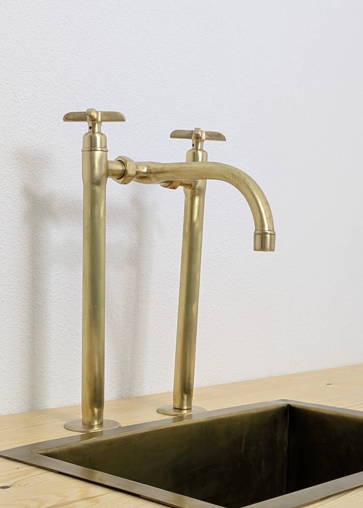 Handmade Brushed Brass Bridge Kitchen Faucet
