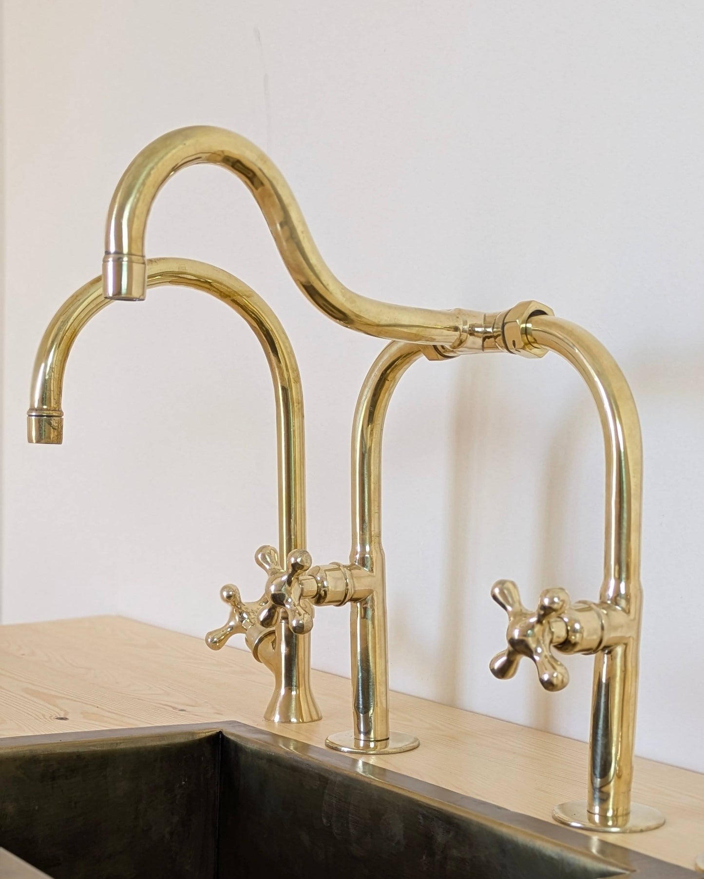 Unlacquered Brass Bridge Kitchen Set With A Side Sprayer And Cold Water Faucet.