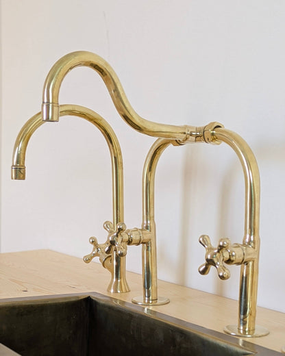 Unlacquered Brass Bridge Kitchen Set With A Side Sprayer And Cold Water Faucet.