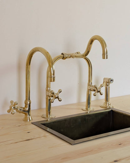 Unlacquered Brass Bridge Kitchen Set With A Side Sprayer And Cold Water Faucet.