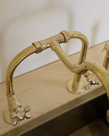 Unlacquered Brass Bridge Kitchen Set With A Side Sprayer And Cold Water Faucet.