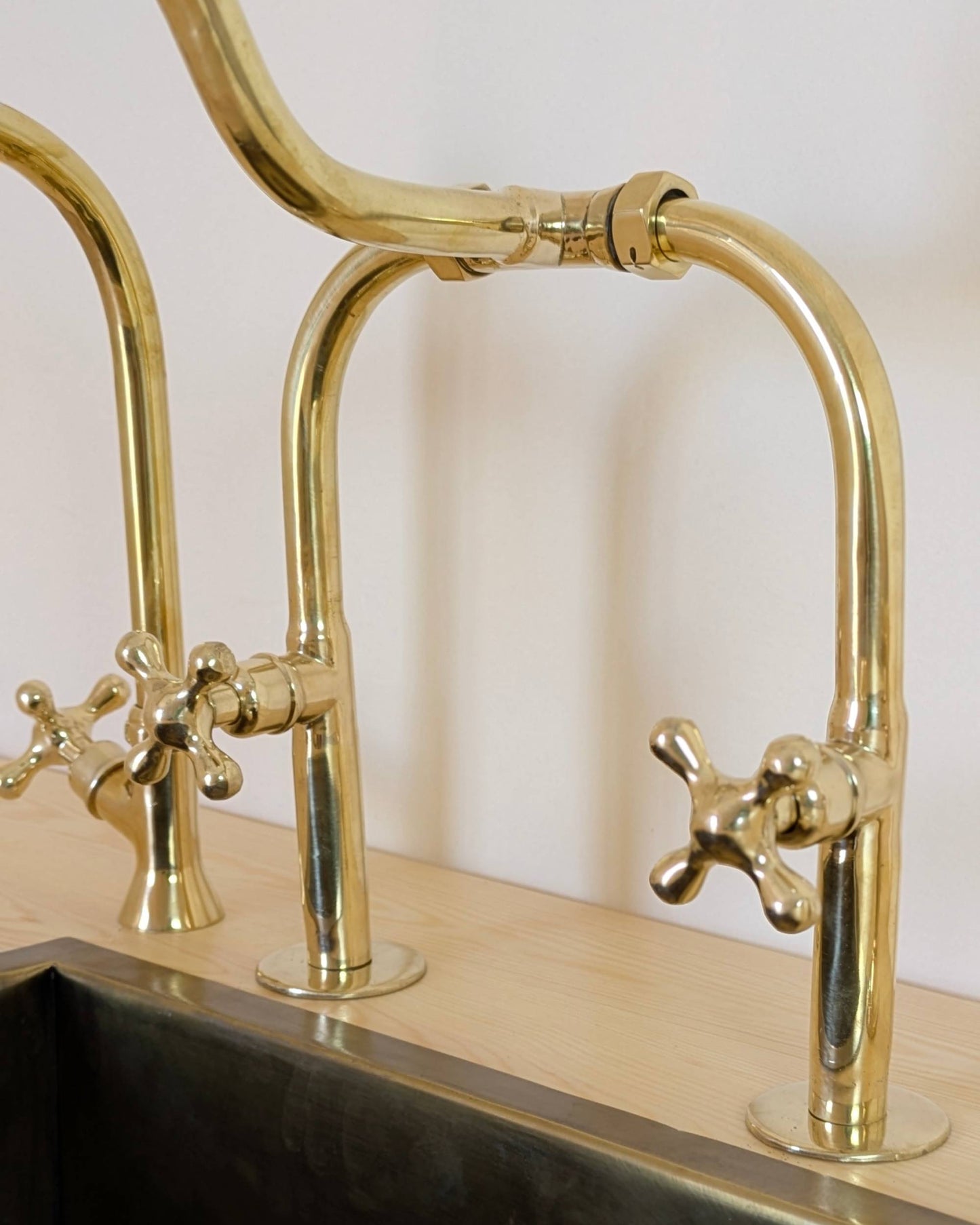 Unlacquered Brass Bridge Kitchen Set With A Side Sprayer And Cold Water Faucet.