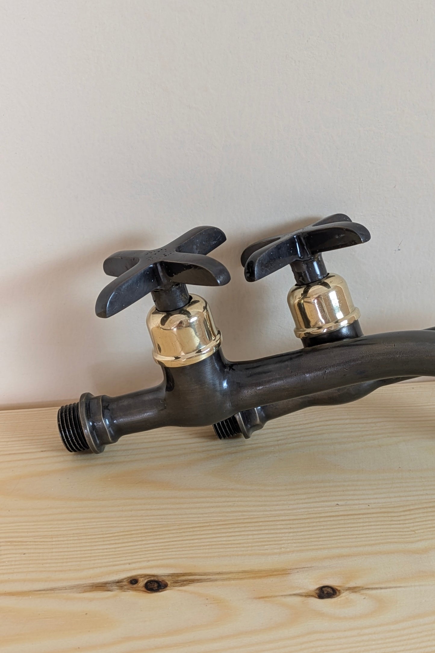Wall mounted brass faucets, Vintage style bathroom or kitchen taps.