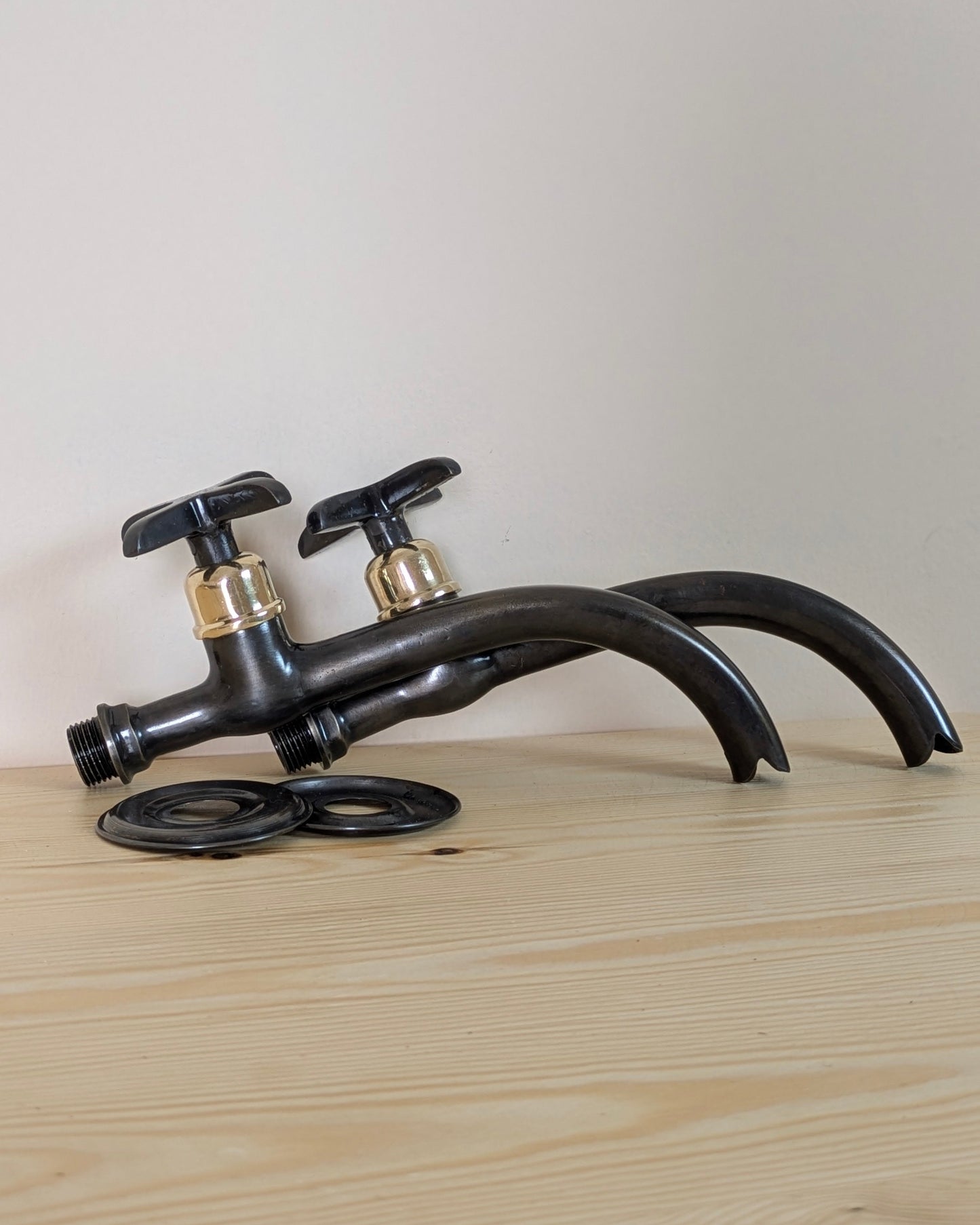 Wall mounted brass faucets, Vintage style bathroom or kitchen taps.