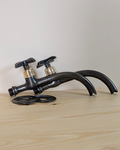 Wall mounted brass faucets, Vintage style bathroom or kitchen taps.