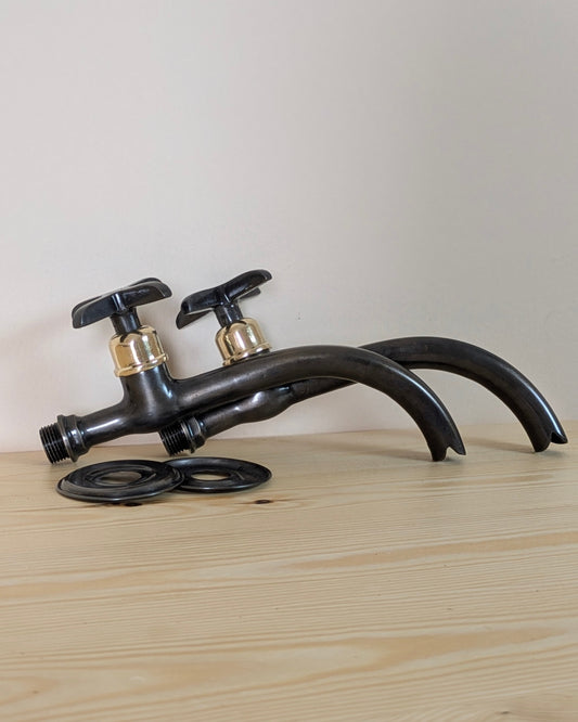 Wall mounted brass faucets, Vintage style bathroom or kitchen taps.