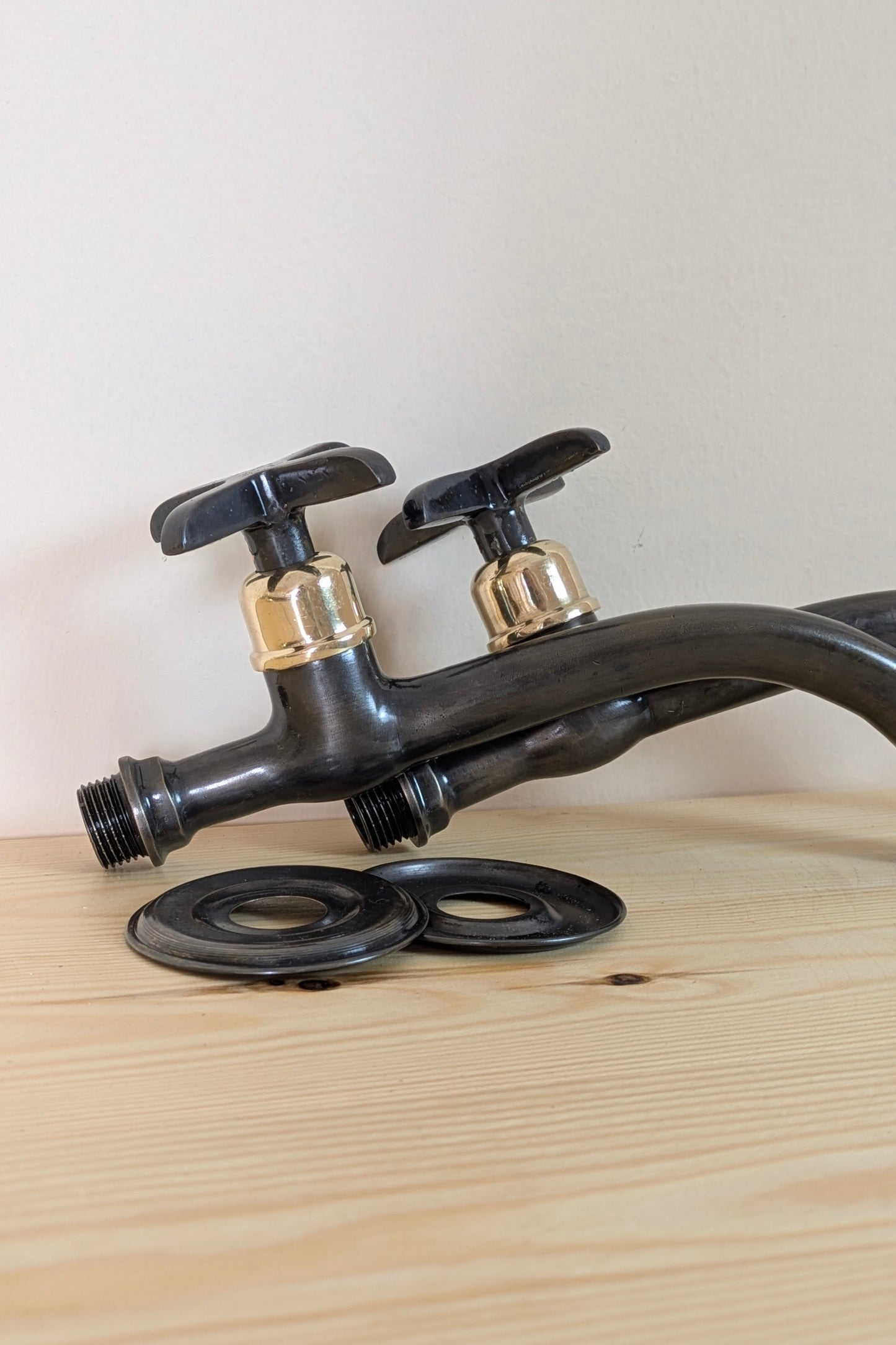 Wall mounted brass faucets, Vintage style bathroom or kitchen taps.