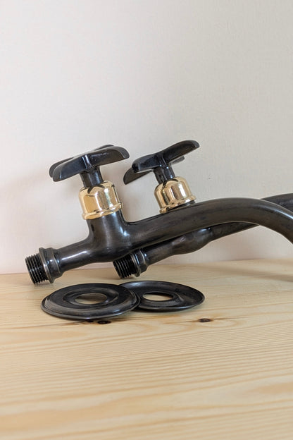 Wall mounted brass faucets, Vintage style bathroom or kitchen taps.