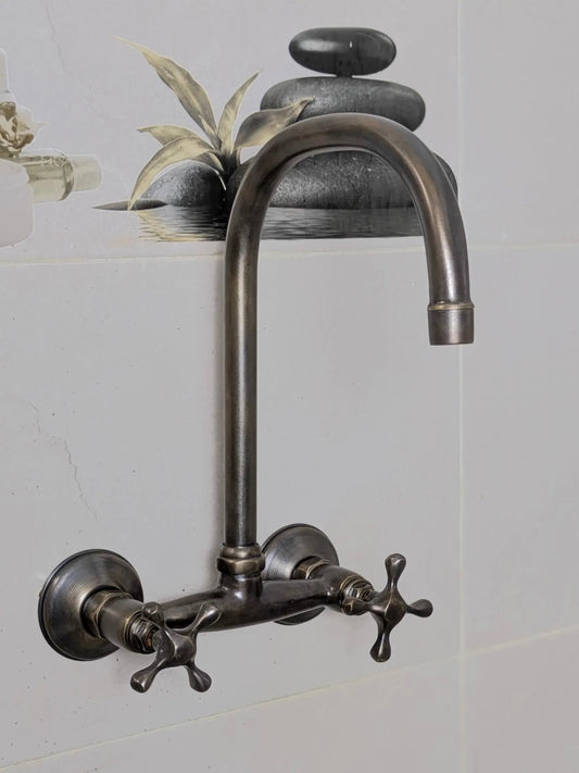 Wall Mount Brass Kitchen Faucet: Oil-Rubbed Finish, Swivel Spout