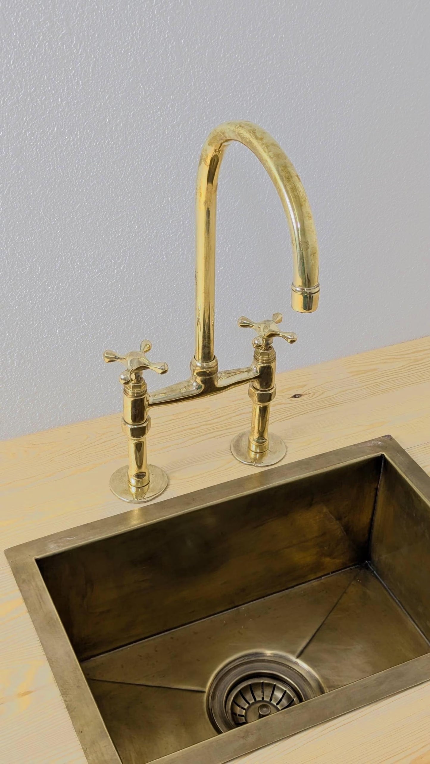Unlacquered Brass Bridge Kitchen Faucet: Antique Style Cross Handles