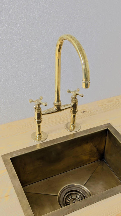 Unlacquered Brass Bridge Kitchen Faucet: Antique Style Cross Handles