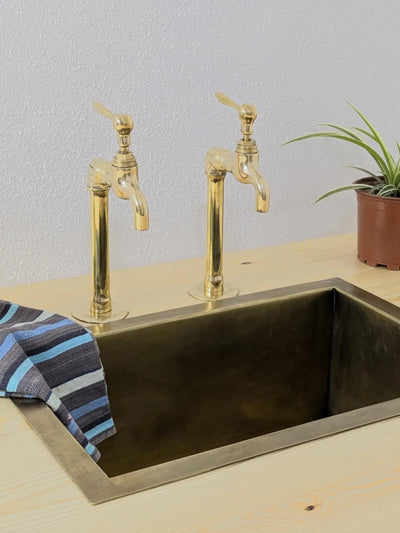 Unlacquered Brass Taps, Countertop Kitchen Pillar Taps.