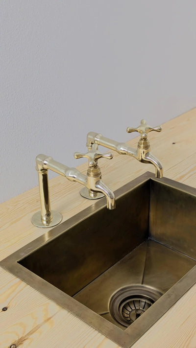 Unlacquered Brass Kitchen Pair Faucet, Single Hole Pair Taps, Cold Hot Antique Brass Taps, Customizable Size.