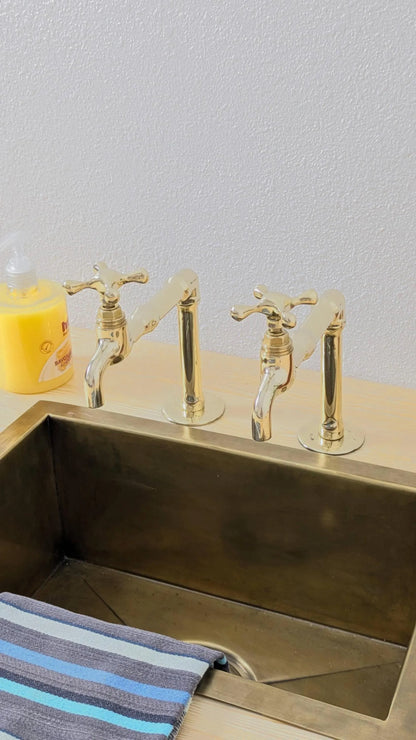 Unlacquered Brass Kitchen Pair Faucet, Single Hole Pair Taps, Cold Hot Antique Brass Taps, Customizable Size.