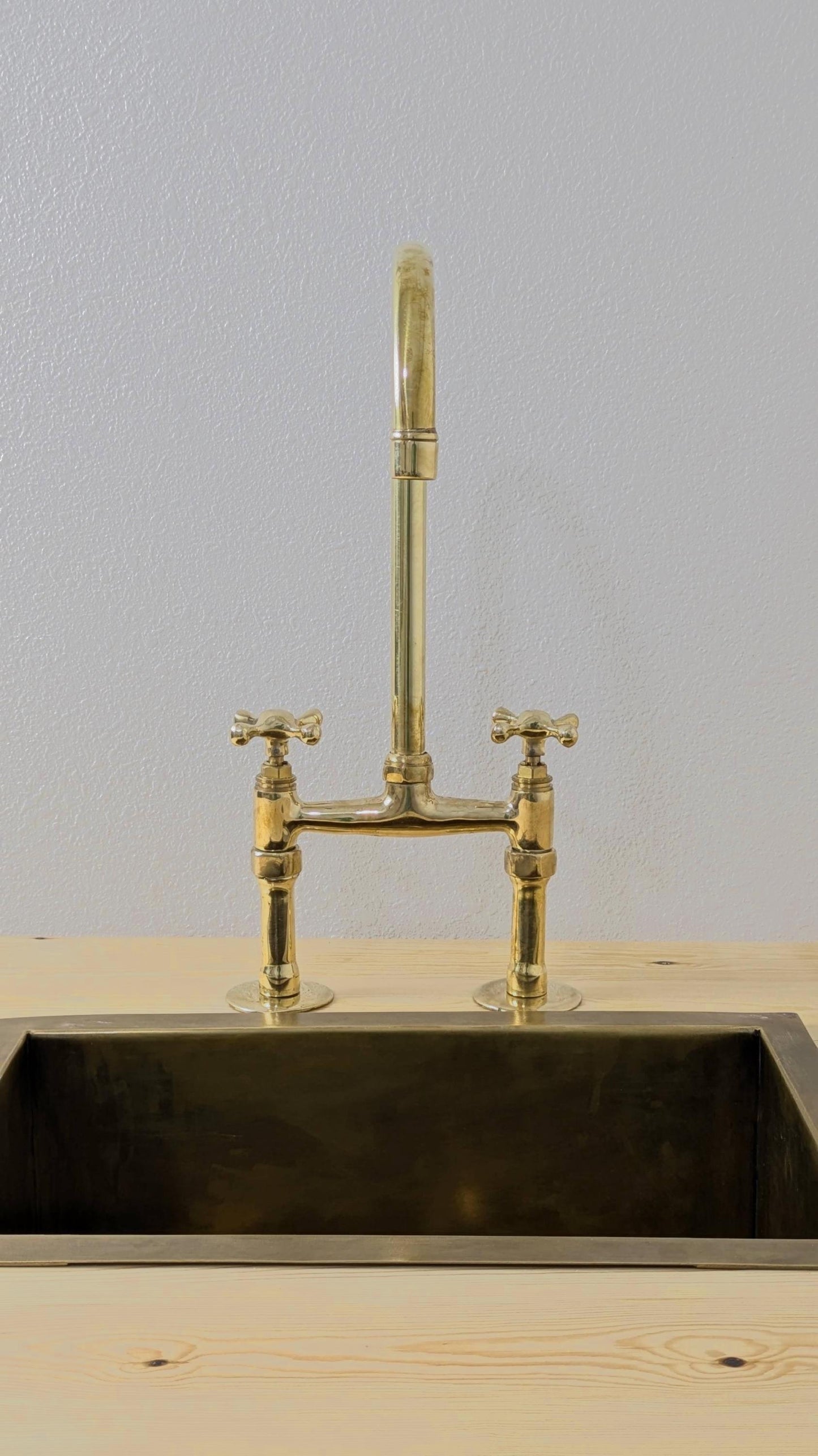 Unlacquered Brass Bridge Kitchen Faucet: Antique Style Cross Handles