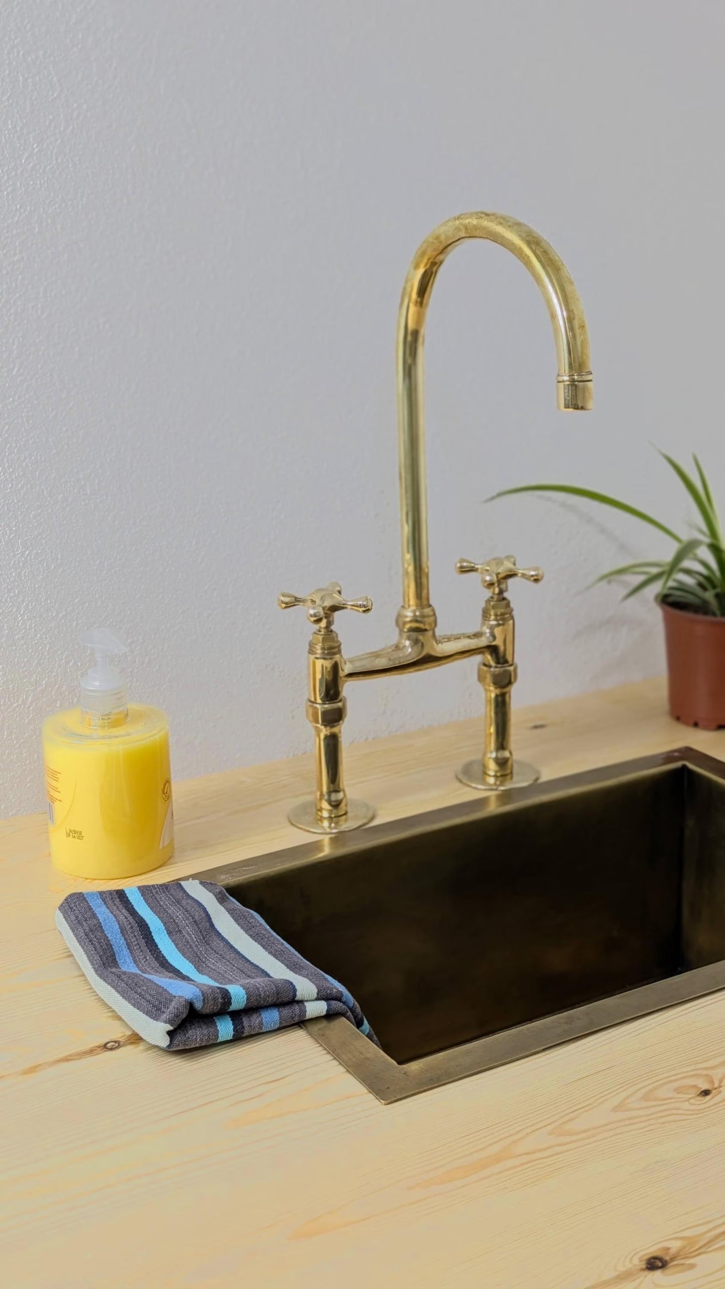 Unlacquered Brass Bridge Kitchen Faucet: Antique Style Cross Handles