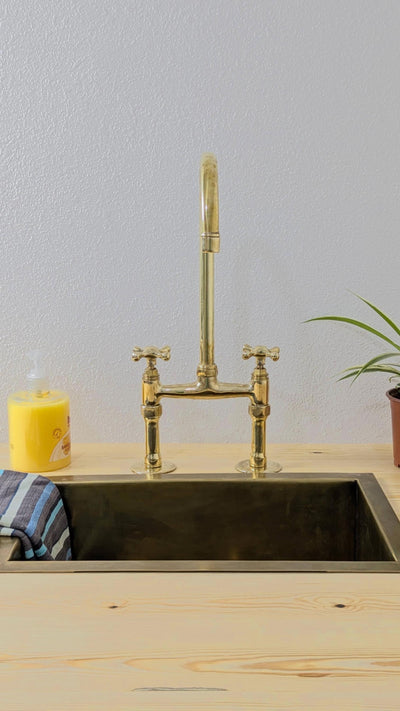 Unlacquered Brass Bridge Kitchen Faucet: Antique Style Cross Handles