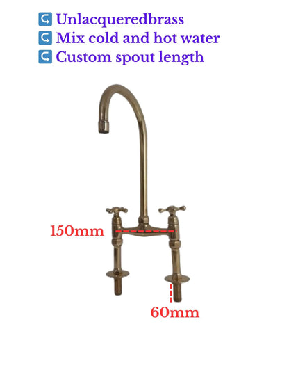 Unlacquered Brass Kitchen Faucet, 6" Bridge Faucet with Cross Handles, Antique Brass, Vintage Brass Faucet