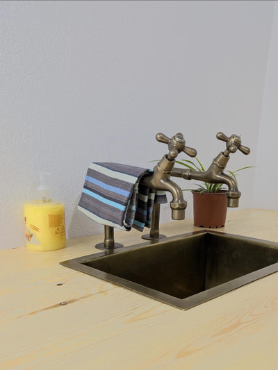 Vintage Brushed Brass Pillar Kitchen Faucet – Separate Handles For Hot & Cold Water.