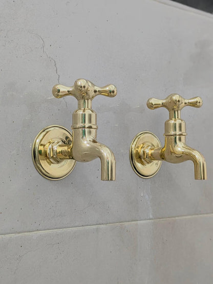 Unlacquered Brass Wall-Mounted Faucets: Vintage Bib Taps, Indoor Outdoor Use.