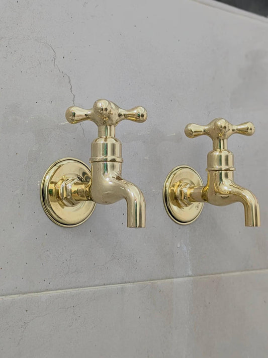 Unlacquered Brass Wall-Mounted Faucets: Vintage Bib Taps, Indoor Outdoor Use.
