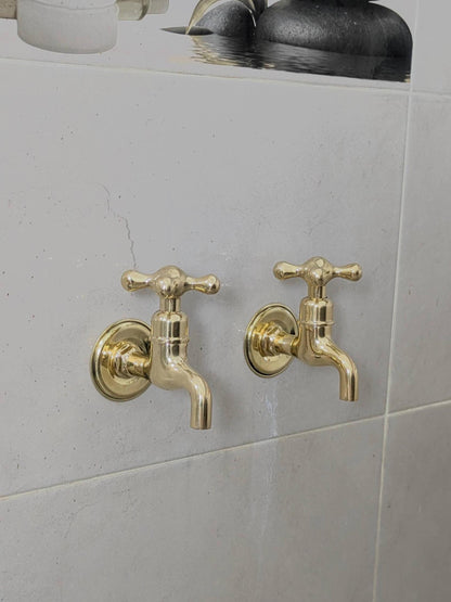 Unlacquered Brass Wall-Mounted Faucets: Vintage Bib Taps, Indoor Outdoor Use.