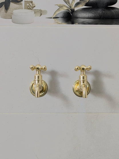 Unlacquered Brass Wall-Mounted Faucets: Vintage Bib Taps, Indoor Outdoor Use.