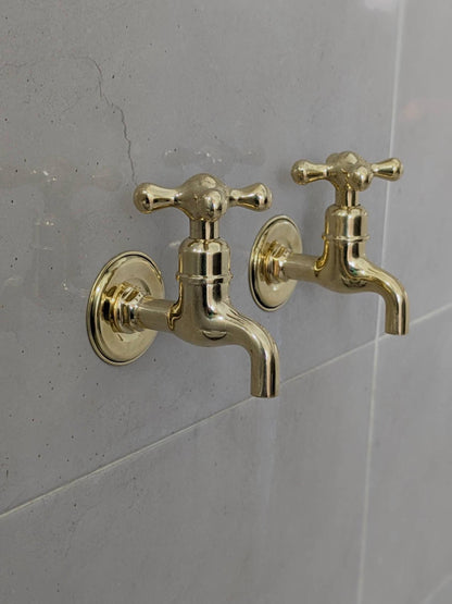 Unlacquered Brass Wall-Mounted Faucets: Vintage Bib Taps, Indoor Outdoor Use.