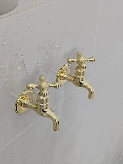 Unlacquered Brass Wall-Mounted Faucets: Vintage Bib Taps, Indoor Outdoor Use.
