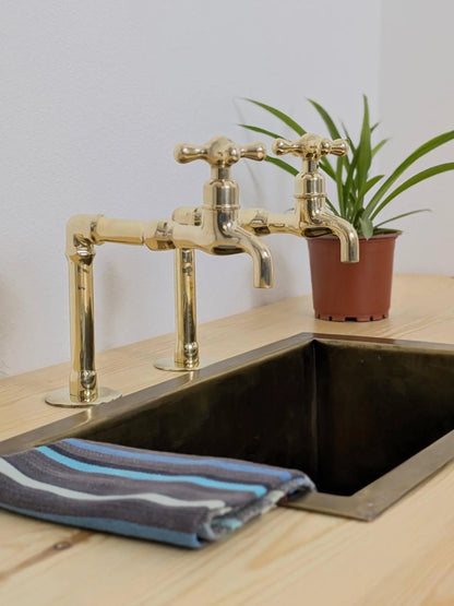 Unlacquered Brass Kitchen Pair Faucet, Single Hole Pair Taps, Cold Hot Antique Brass Taps, Customizable Size.