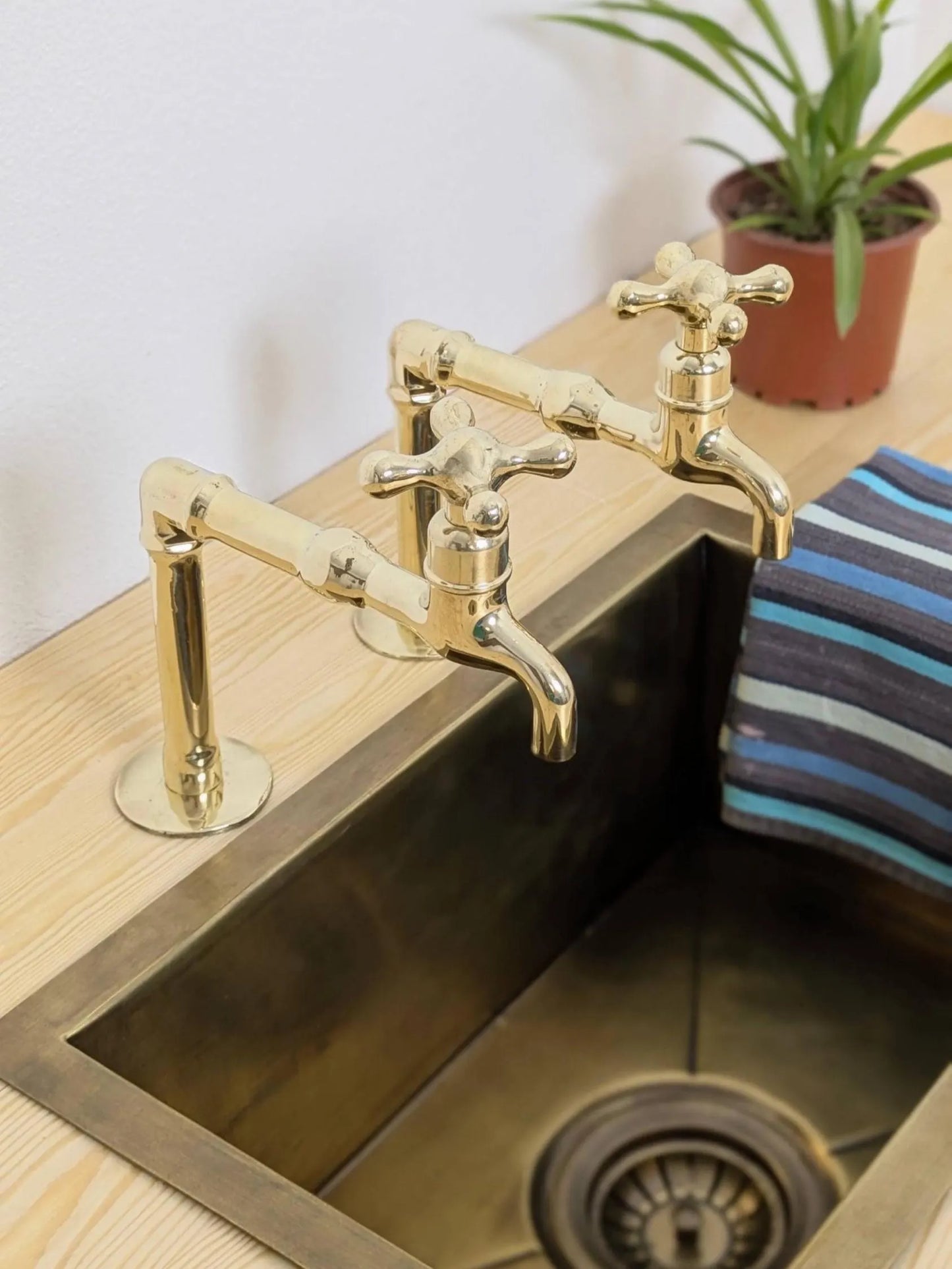 Unlacquered Brass Kitchen Pair Faucet, Single Hole Pair Taps, Cold Hot Antique Brass Taps, Customizable Size.