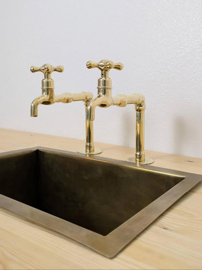 Unlacquered Brass Kitchen Pair Faucet, Single Hole Pair Taps, Cold Hot Antique Brass Taps, Customizable Size.