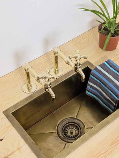 Unlacquered Brass Kitchen Pair Faucet, Single Hole Pair Taps, Cold Hot Antique Brass Taps, Customizable Size.